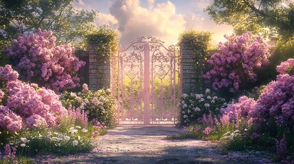 Fototapeta premium A pastel pink gate with delicate lace-like floral cutouts, bordered by lilacs and peonies in full bloom, soft golden-hour lighting, an ethereal and fairy tale-inspired garden, hd quality,