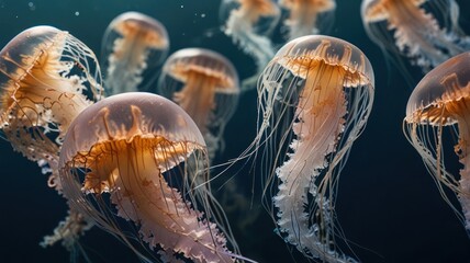 A mesmerizing underwater scene showcasing a group of jellyfish gracefully swimming in dark blue water.