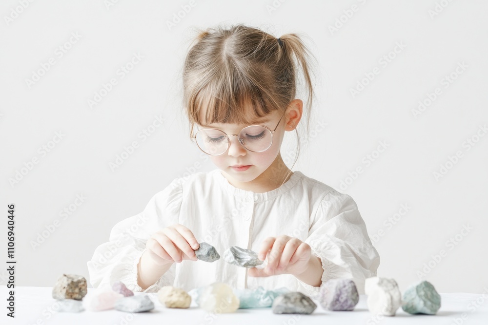 Aufkleber a child examines various colorful rocks on a table, showcasing curiosity and exploration.