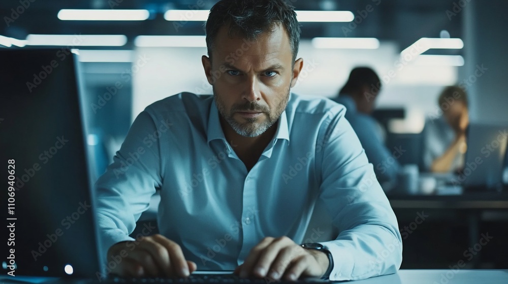 Poster A focused man working intently at a computer in an office setting.