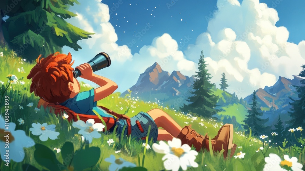 Poster a child relaxes in a meadow, using binoculars to observe nature and enjoy the scenery.