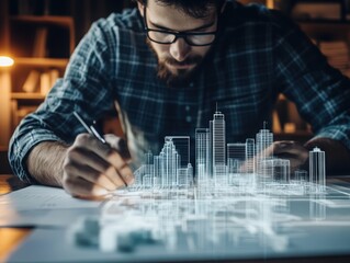 An architect or designer intensely working on a futuristic city blueprint with holographic-style visuals of buildings emerging from the design.