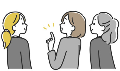 後ろ姿のスーツ姿の女性3人が会話するビジネスシーンのイラスト素材
