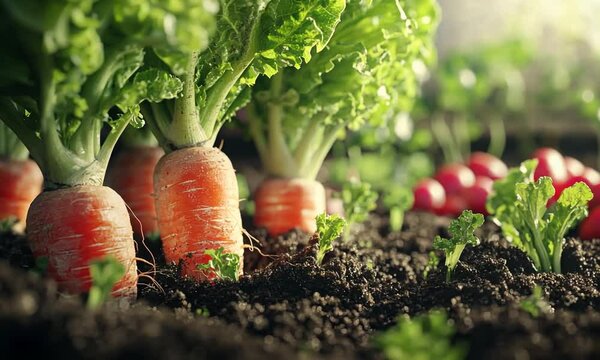 Vibrant orange carrots and red radishes growing in rich soil, bathed in sunlight.