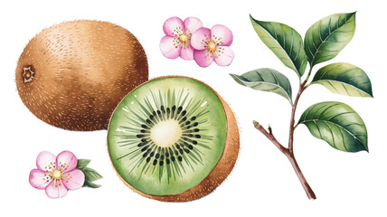 Ripe kiwi and kiwi slice, kiwi flowers branch and leaves, watercolor kiwi illustration, botanical illustration