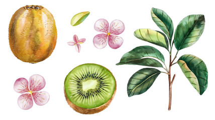 Ripe kiwi and kiwi slice, kiwi flowers branch and leaves, watercolor kiwi illustration, botanical illustration