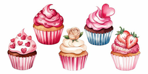 Sweet Valentine's Cupcakes: A charming watercolor illustration of five adorable cupcakes, each adorned with hearts, strawberries, and roses, perfect for your Valentine's Day designs.