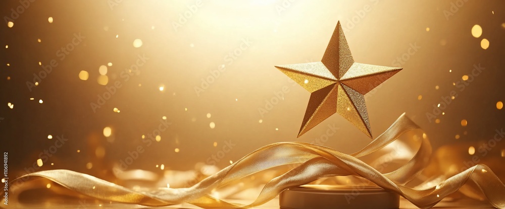 Poster a golden star atop a ribbon, illuminated by soft light and bokeh.