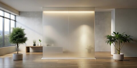 Modern minimalist interior design featuring a frosted glass partition wall with subtle lighting and potted plants