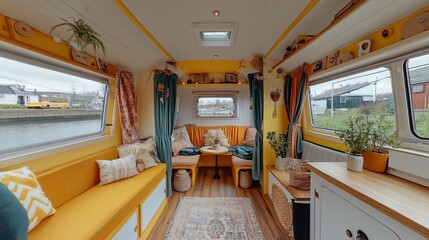 Cozy and vibrant interior of a canal boat with seating and decorative elements.