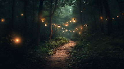 Fototapeta premium Road through a forest and lanterns can be seen