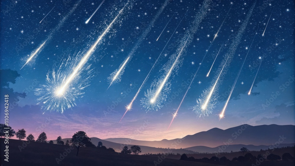 Poster celestial showers an array of cascading fireworks fall like shooting stars with long tails of light 