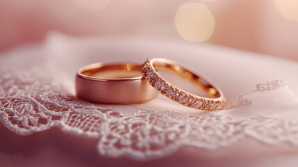 Elegant gold wedding rings with lace background: romance and commitment in radiant harmony