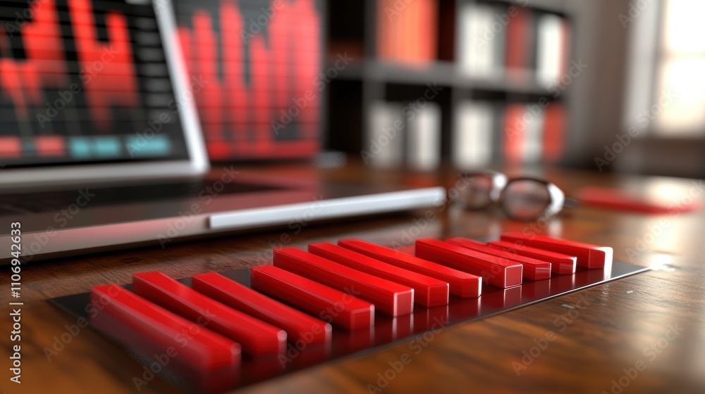 Aufkleber a modern workspace featuring a laptop and red graphical elements on a wooden desk.