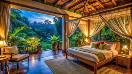 Obraz premium Romantic Bali Style Bedroom in a Resort Surrounded by Lush Forest for a Perfect Honeymoon Getaway