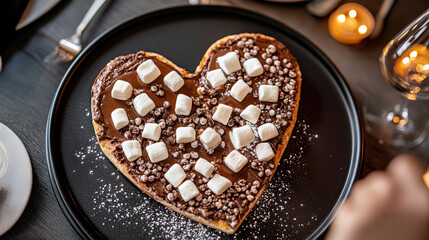 Heart shaped chocolate waffle with marshmallows on black plate