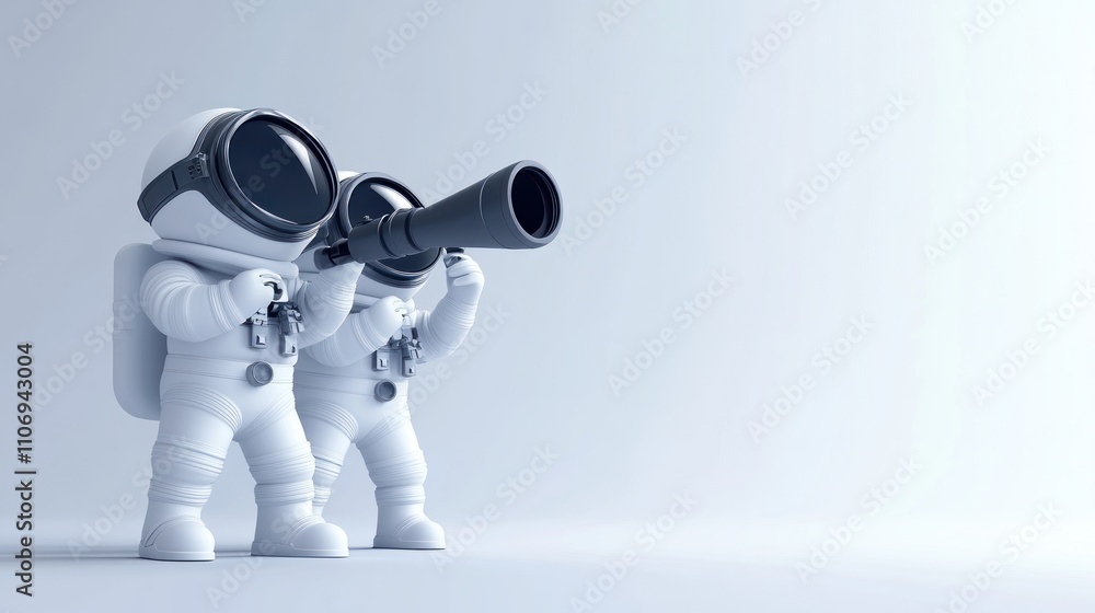 Poster two cartoonish astronauts gazing through a telescope in a minimalistic setting.