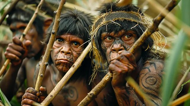 Primitive survival: displaying prehistoric life through the lens of primitive man, community, and the raw essence of early existence in a natural environment.