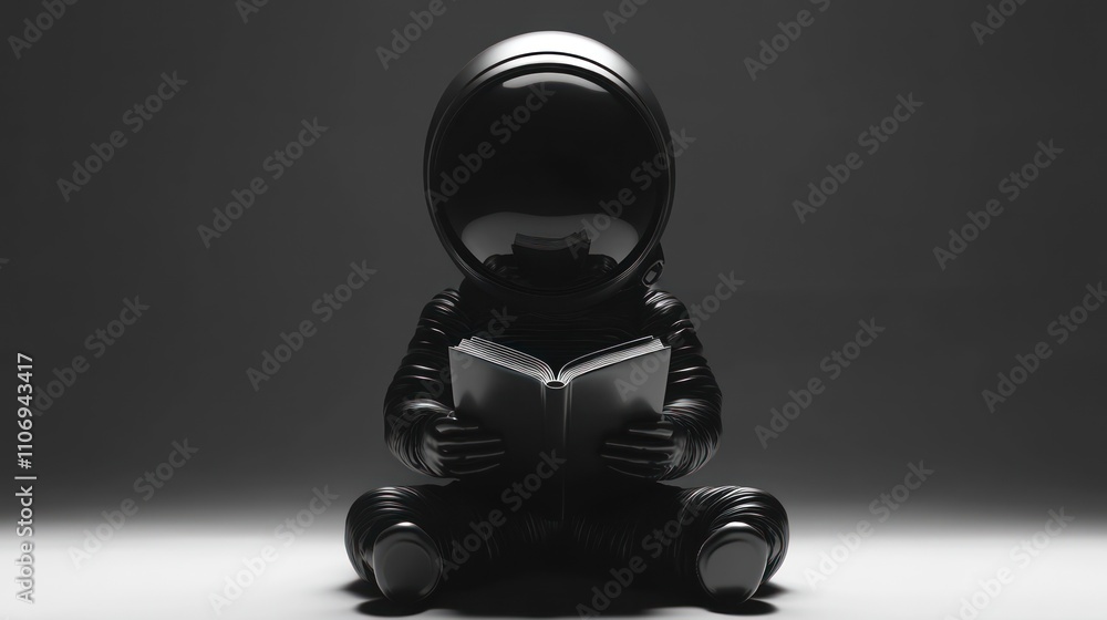 Poster An astronaut figure sitting and reading a book in a minimalistic, dark setting.