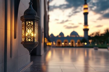 Ornate Lantern Casting Warm Glow at Dusk with Beautiful Mosque and Dramatic Sky in Background, Perfect for Cultural and Architecture Themes