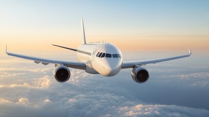 Fototapeta premium A Modern Passenger Airplane in Flight Against a Sunset Sky