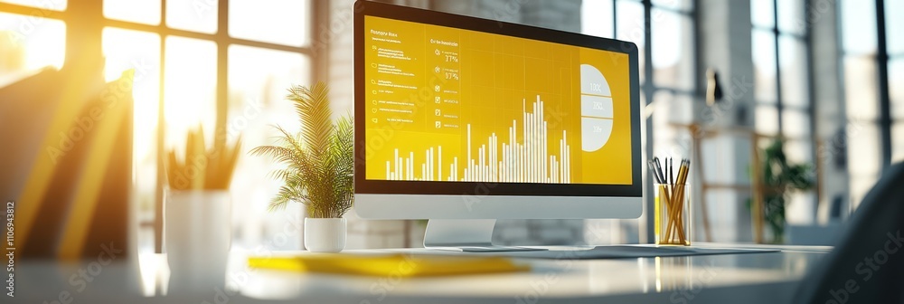 Aufkleber A modern workspace with a computer displaying data and a vibrant yellow theme.