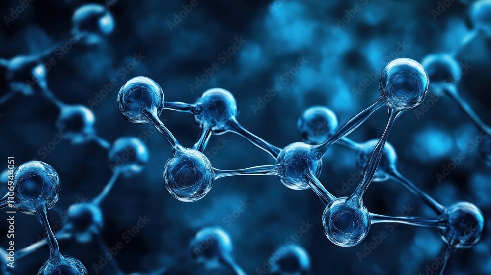 Poster a close-up view of molecular structures in a blue-toned digital representation.