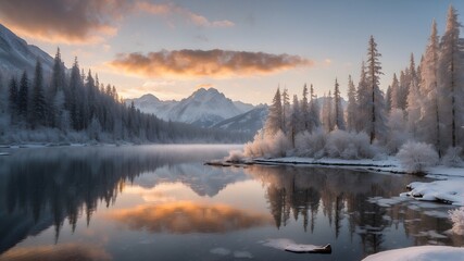 Obraz premium winter snow mountain forest lake sunrise