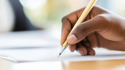 Fototapeta premium hand holding pen, ready to write on blank sheet of paper