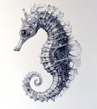 detailed seahorse drawing on white background
