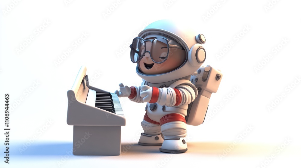 Poster A cheerful astronaut playing a keyboard, blending space exploration with music.