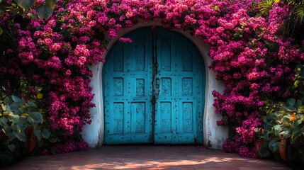 A vibrant turquoise gate adorned with intricate carvings, framed by an arch of blooming pink and purple bougainvillea, sunlight glinting off the petals, a tranquil and tropical setting, hd quality,