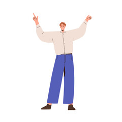 Happy business man with arms up, finger pointing, advertising. Smiling cheerful excited office worker character celebrating in funny pose. Flat vector illustration isolated on white background