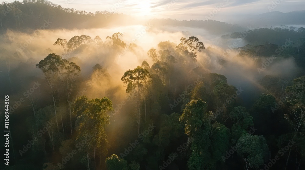 Aufkleber a misty sunrise illuminates a lush forest, creating a serene atmosphere with soft light filtering th