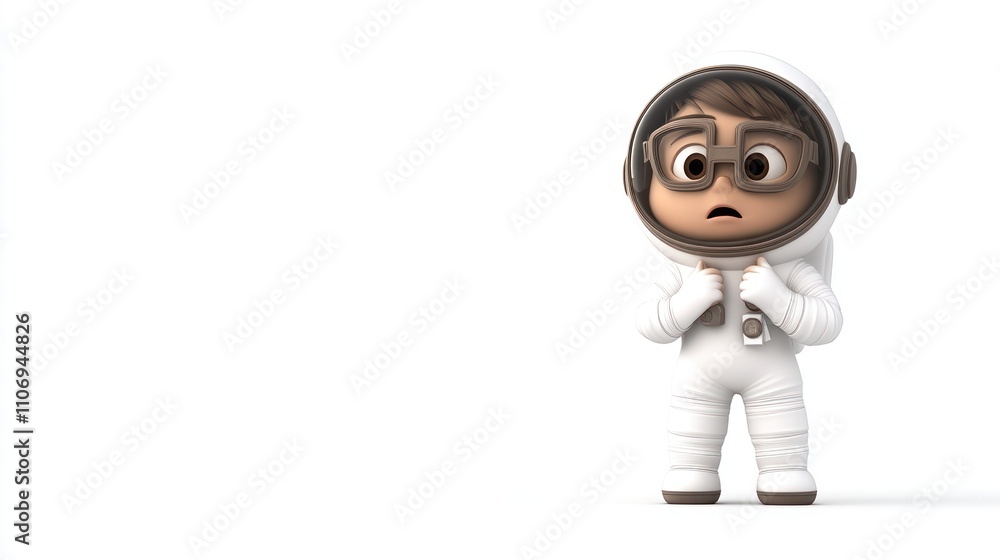 Poster a cartoon character in a spacesuit looks worried, set against a plain background.