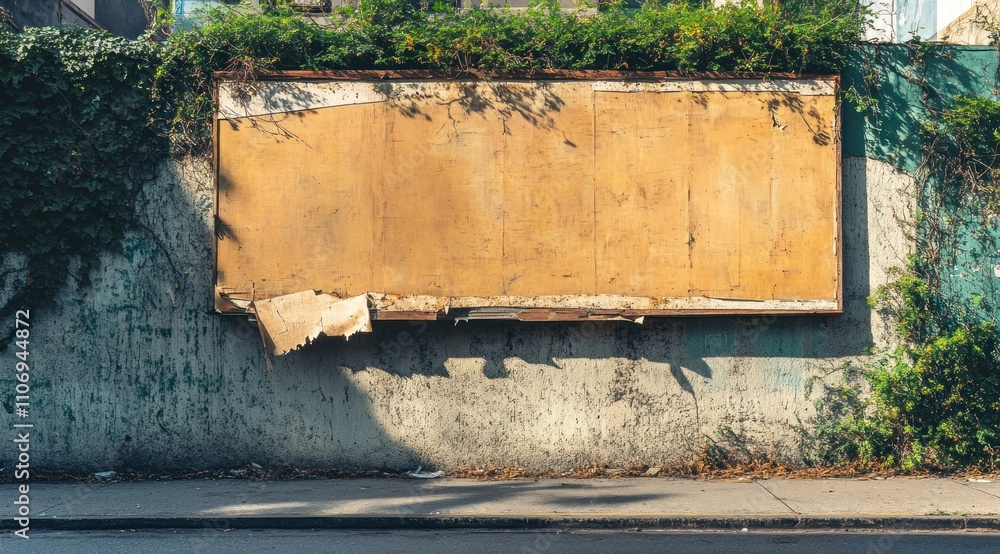 Poster A weathered blank billboard surrounded by greenery on a concrete wall.