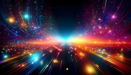 Fototapeta premium Shimmering abstract particles of light in vivid colors floating over a dark void