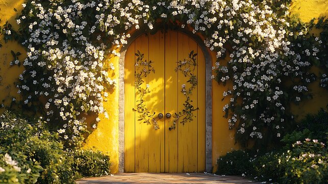 A vibrant yellow gate with artistic floral engravings, draped with climbing jasmine in full bloom, the golden sunlight highlighting the intricate textures, a calm and rustic garden entrance,