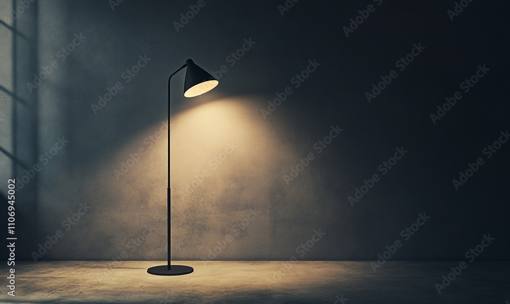 Aufkleber a minimalist floor lamp illuminating a textured wall in a dimly lit space.