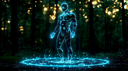 Bioluminescent AI figure glowing vibrantly futuristic technology concept.