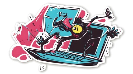 sticker depicting a comic bug character tackling a computer