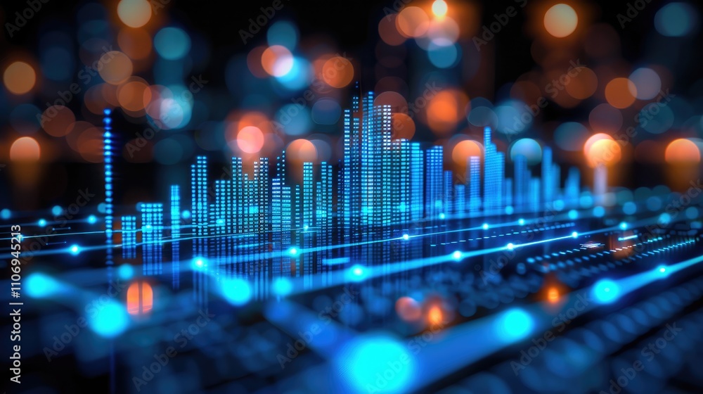 Poster many digital bar charts glowing with blue light on a black background, with glowing vertical lines i
