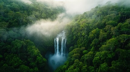 A breathtaking aerial view of a lush green forest with a cascading waterfall, surrounded by misty clouds, showcasing the beauty of nature.