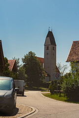 Summer view with a church at Schoeffau, Uffing am Staffelsee, Garmisch-Partenkirchen
