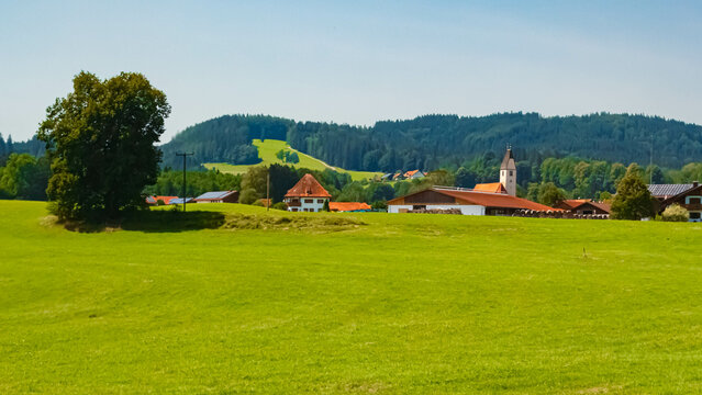 Summer view with a church at Schoeffau, Uffing am Staffelsee, Garmisch-Partenkirchen