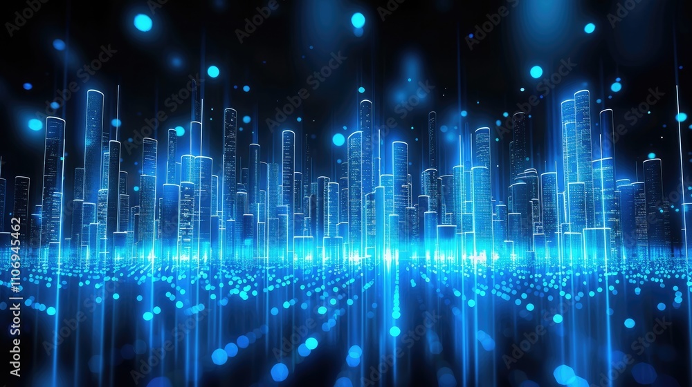 Aufkleber many digital bar charts glowing with blue light on a black background, with glowing vertical lines i