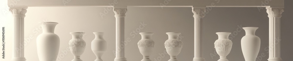 Poster a collection of elegant white vases arranged on a shelf, showcasing minimalist design.