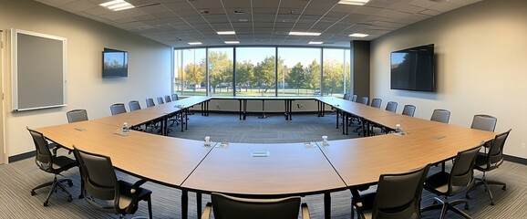 A modern conference room with a large oval table and windows.