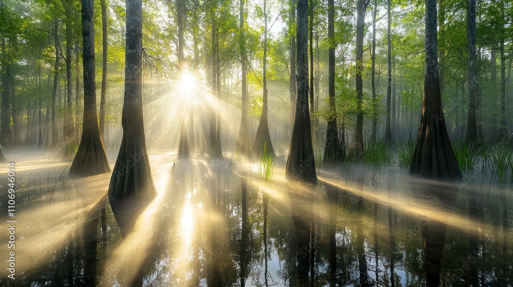 Aufkleber a serene forest scene with sunlight filtering through trees, casting rays over calm water, creating 