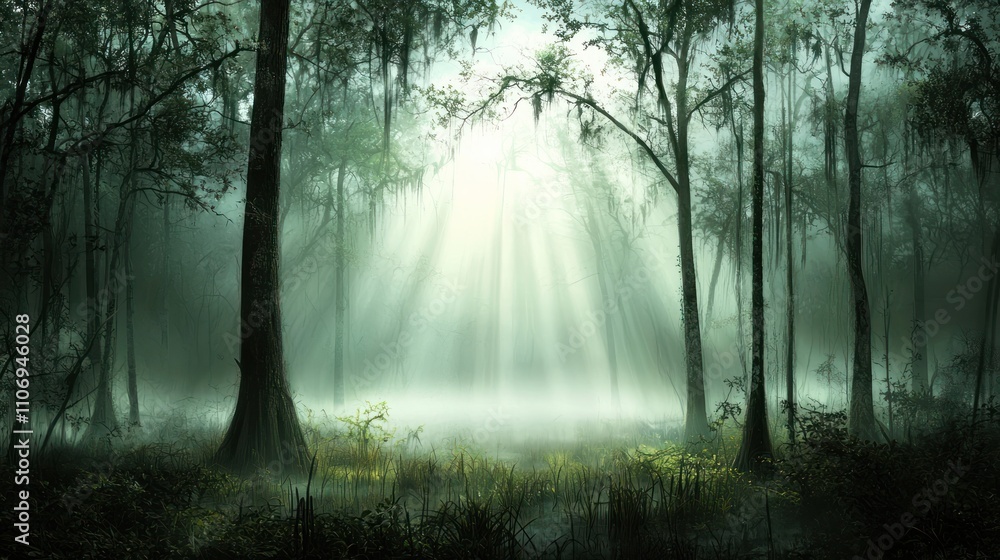 Aufkleber a serene forest scene with soft light filtering through the trees, creating a mystical atmosphere in